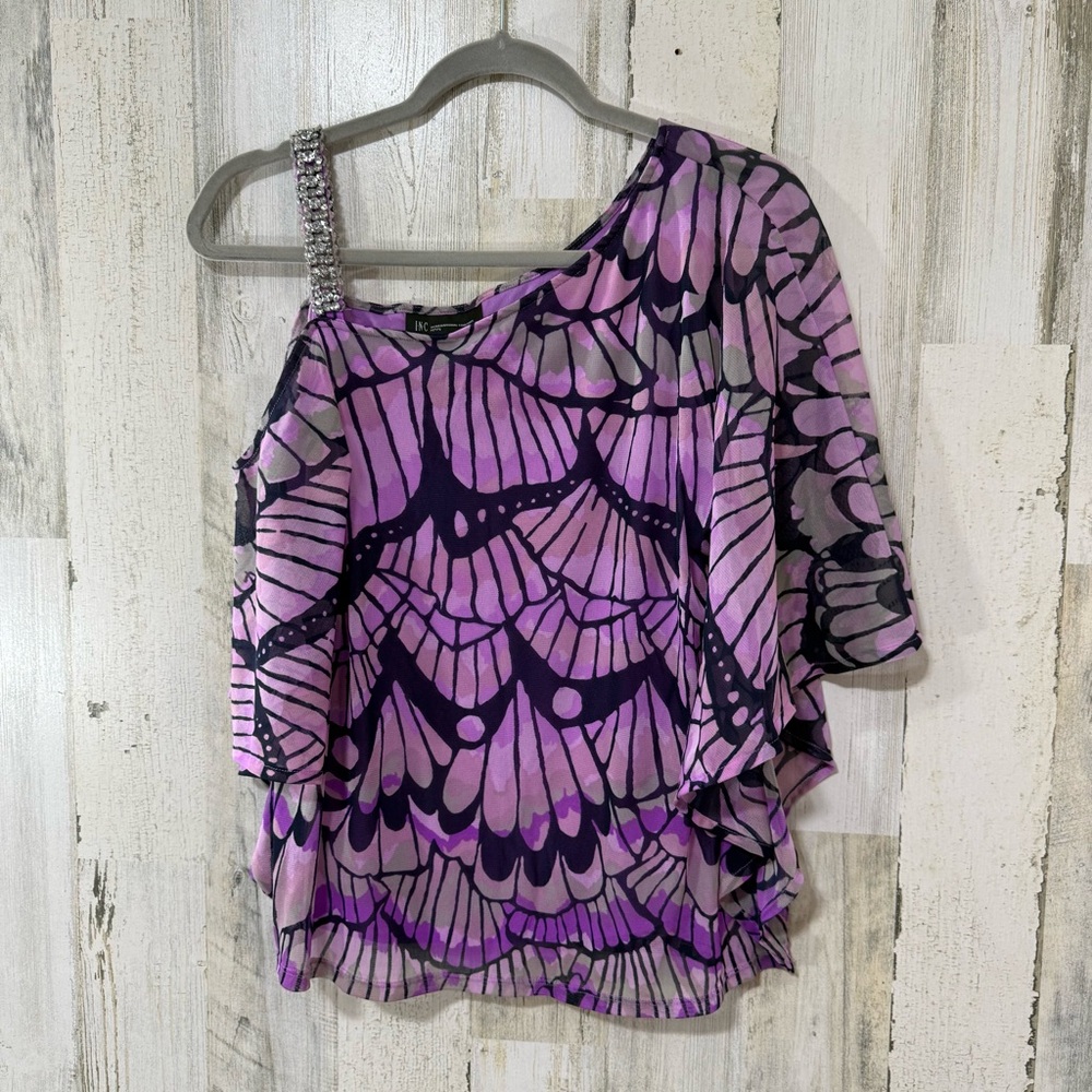 INC International Concepts Sheer Butterfly Pattern Purple and Black One Shoulder